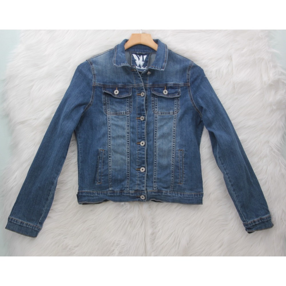 White Mark Womens Blue Jean Denim Jacket Size L Stretch Trucker Classic Cowboy